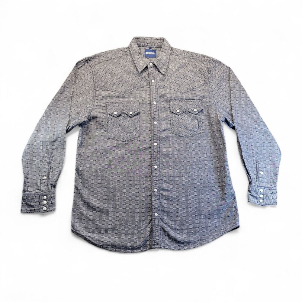 Resistol Shirt Button Up Large Grey Textured‎ Pattern Pearl Snap Cowboy Long Slv